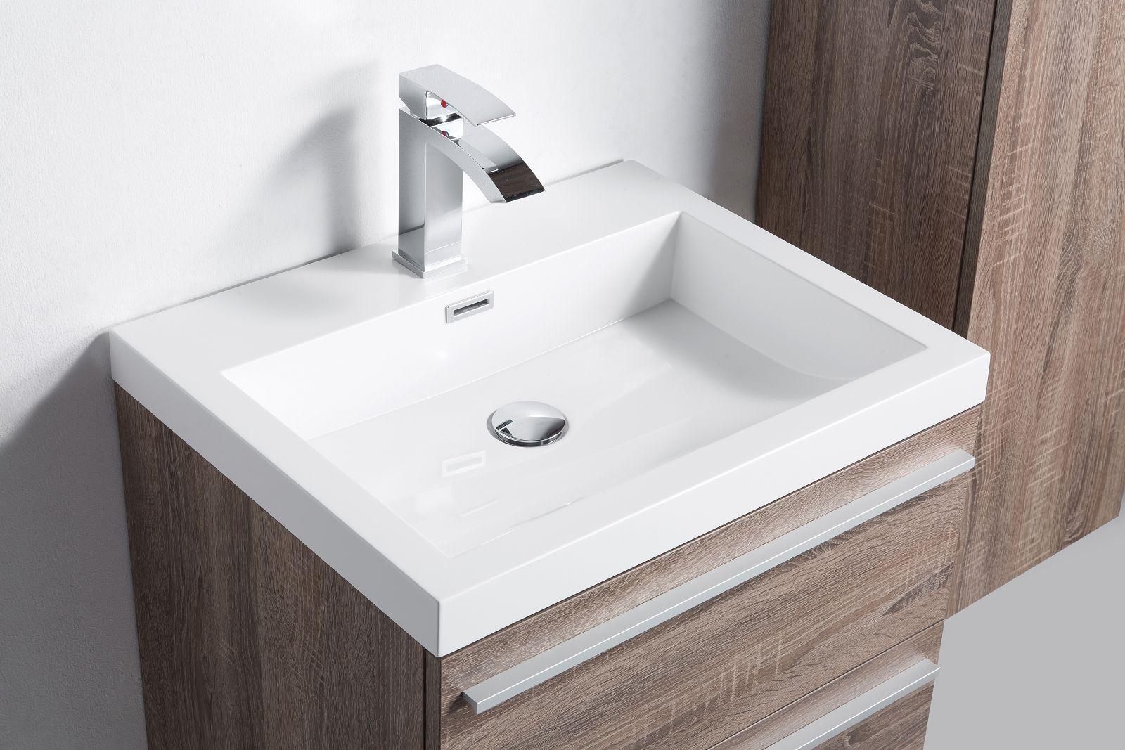 24" Soft Oak Wall Mount Bathroom Vanity with White Polymarble Countertop Sofia - Golden Elite Deco