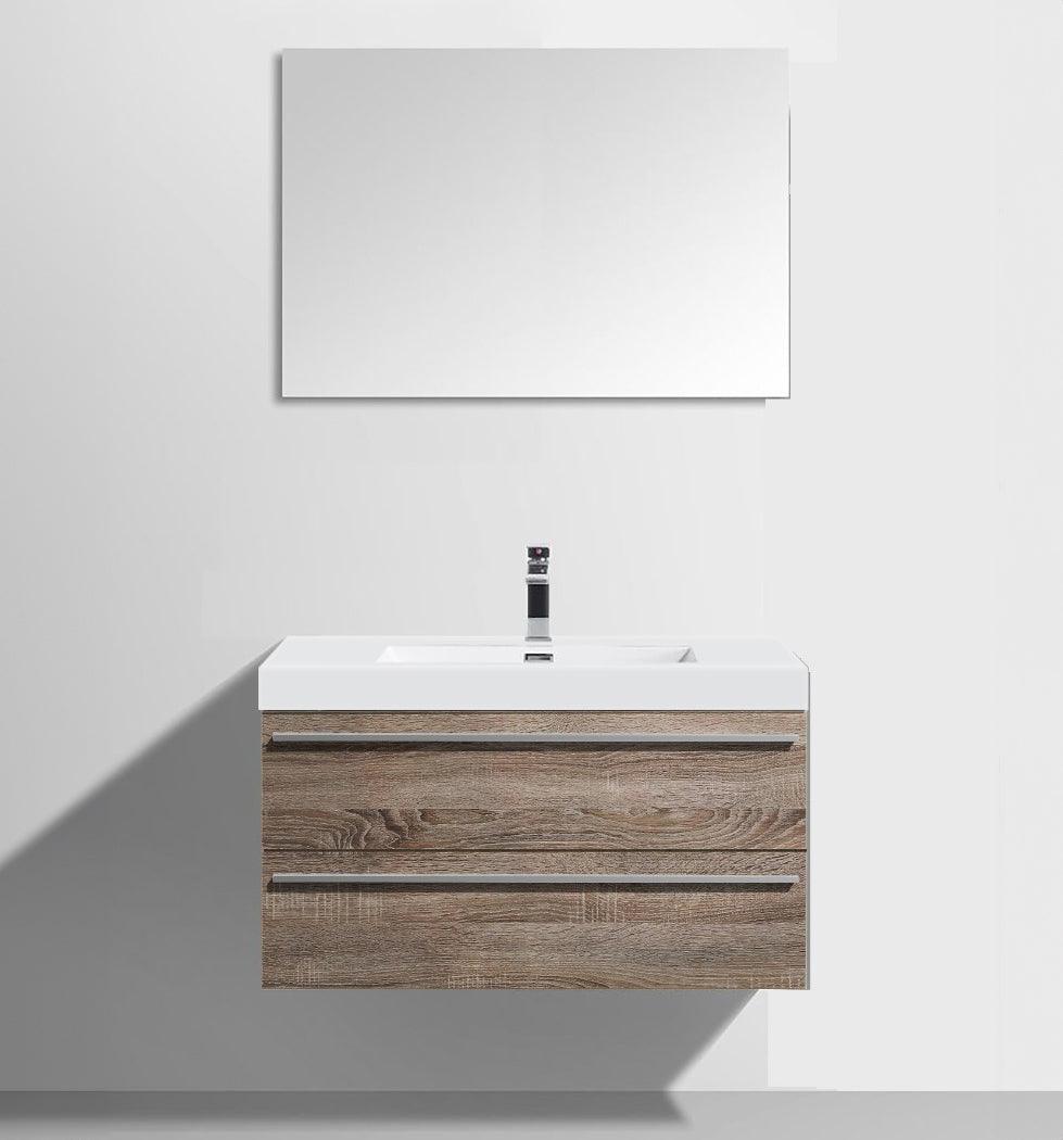 36" Soft Oak Wall Mount Bathroom Vanity with White Polymarble Countertop Sofia - Golden Elite Deco