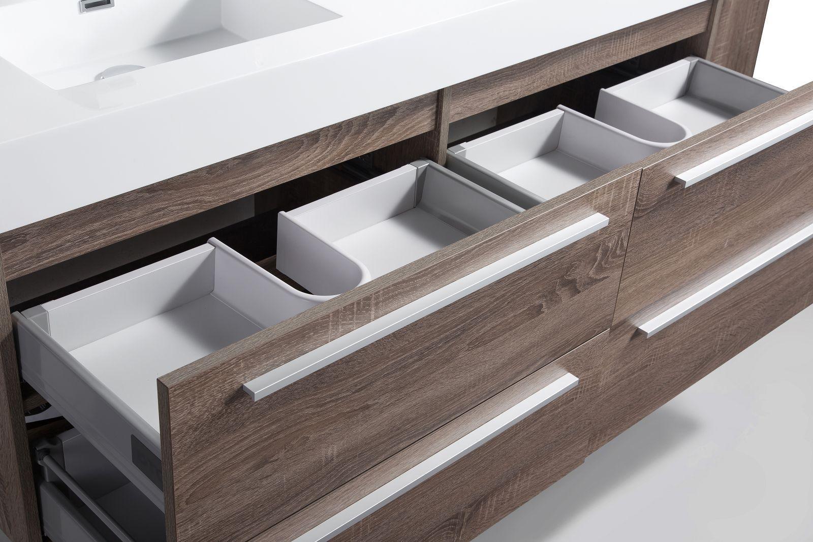 60" Soft Oak Wall Mount Double Sink Bathroom Vanity with White Polymarble Countertop Sofia - Golden Elite Deco