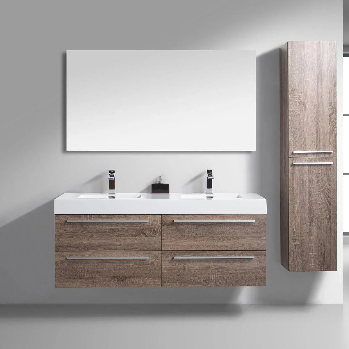 60" Soft Oak Wall Mount Double Sink Bathroom Vanity with White Polymarble Countertop Sofia - Golden Elite Deco