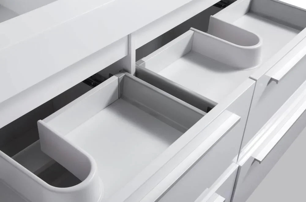 60" White Wall Mount Bathroom Vanity with White Polymarble Countertop Sofia - Golden Elite Deco