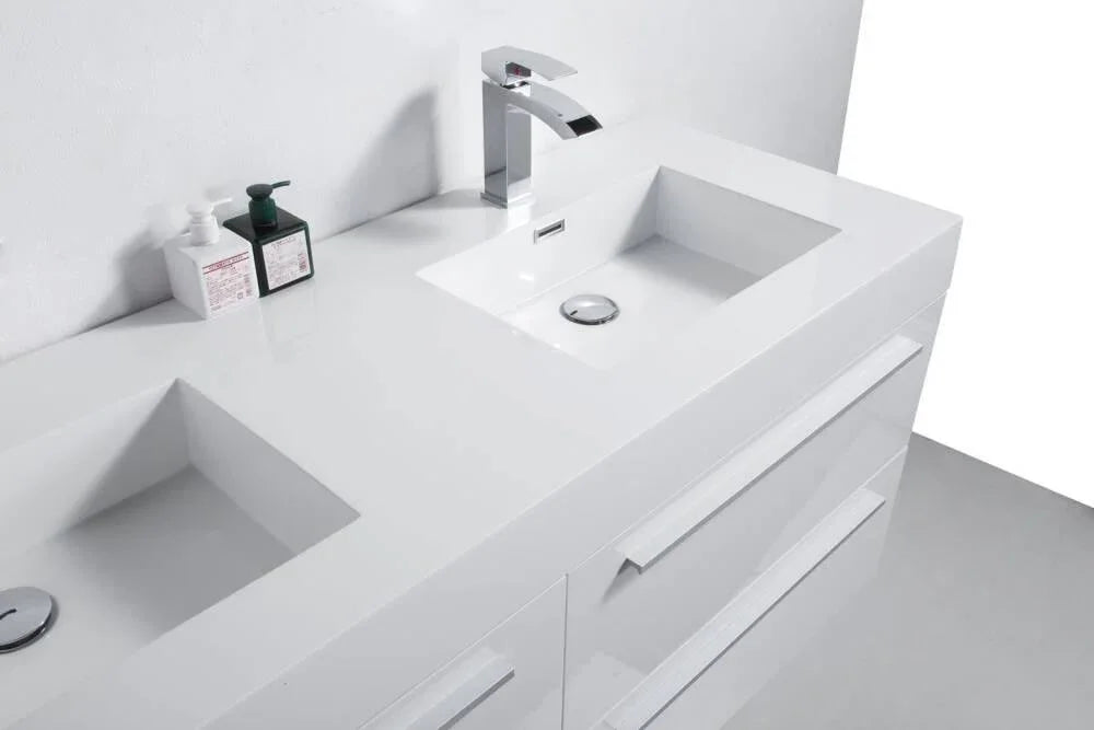 60" White Wall Mount Bathroom Vanity with White Polymarble Countertop Sofia - Golden Elite Deco