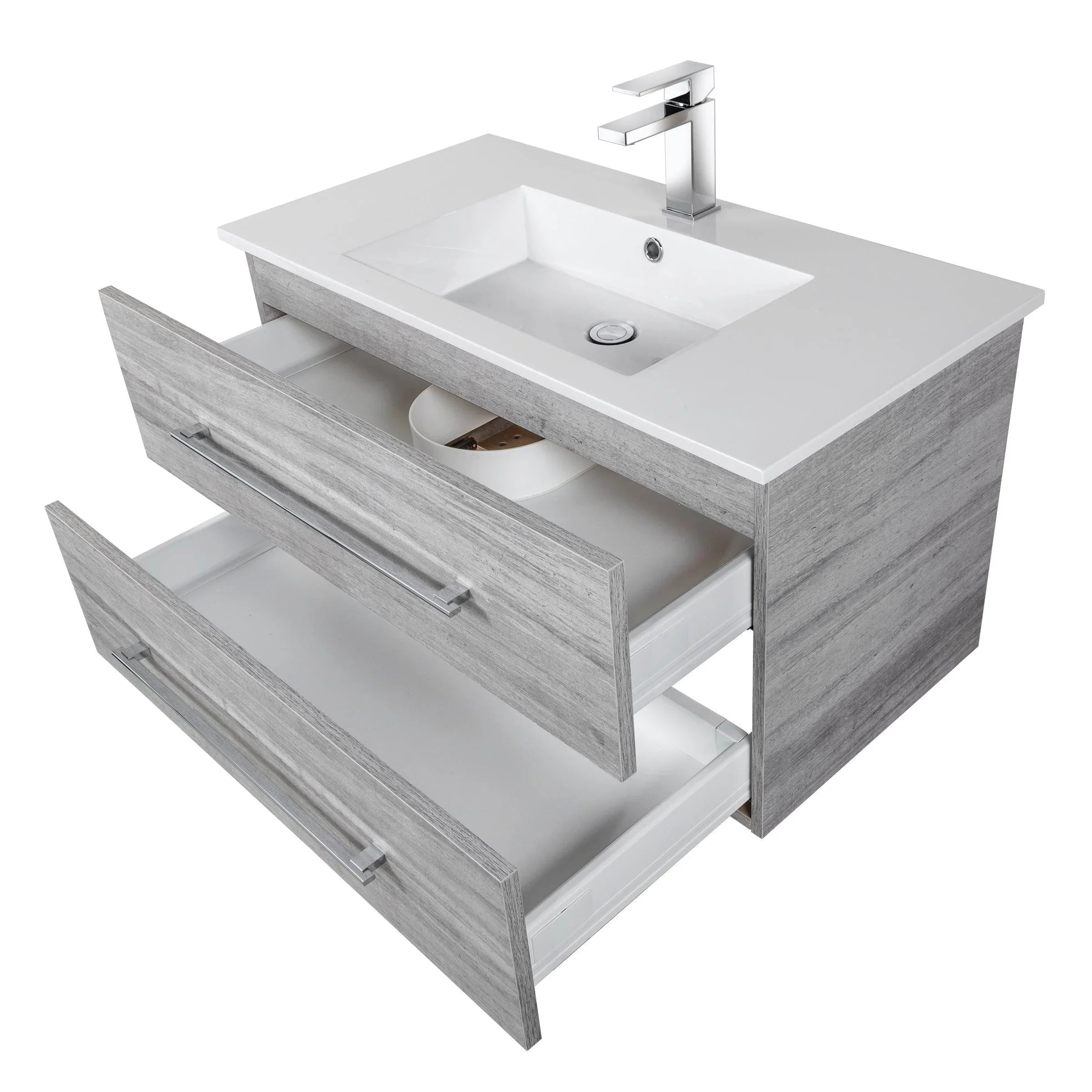 36" Soho Grey Wall Mount Single Sink Bathroom Vanity with White Acrylic Countertop : Kato - Golden Elite Deco