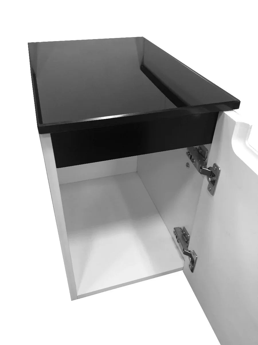 Armoire Latérale Murale 12po Blanc Lustré avec Comptoir en Verre Trempé Noir