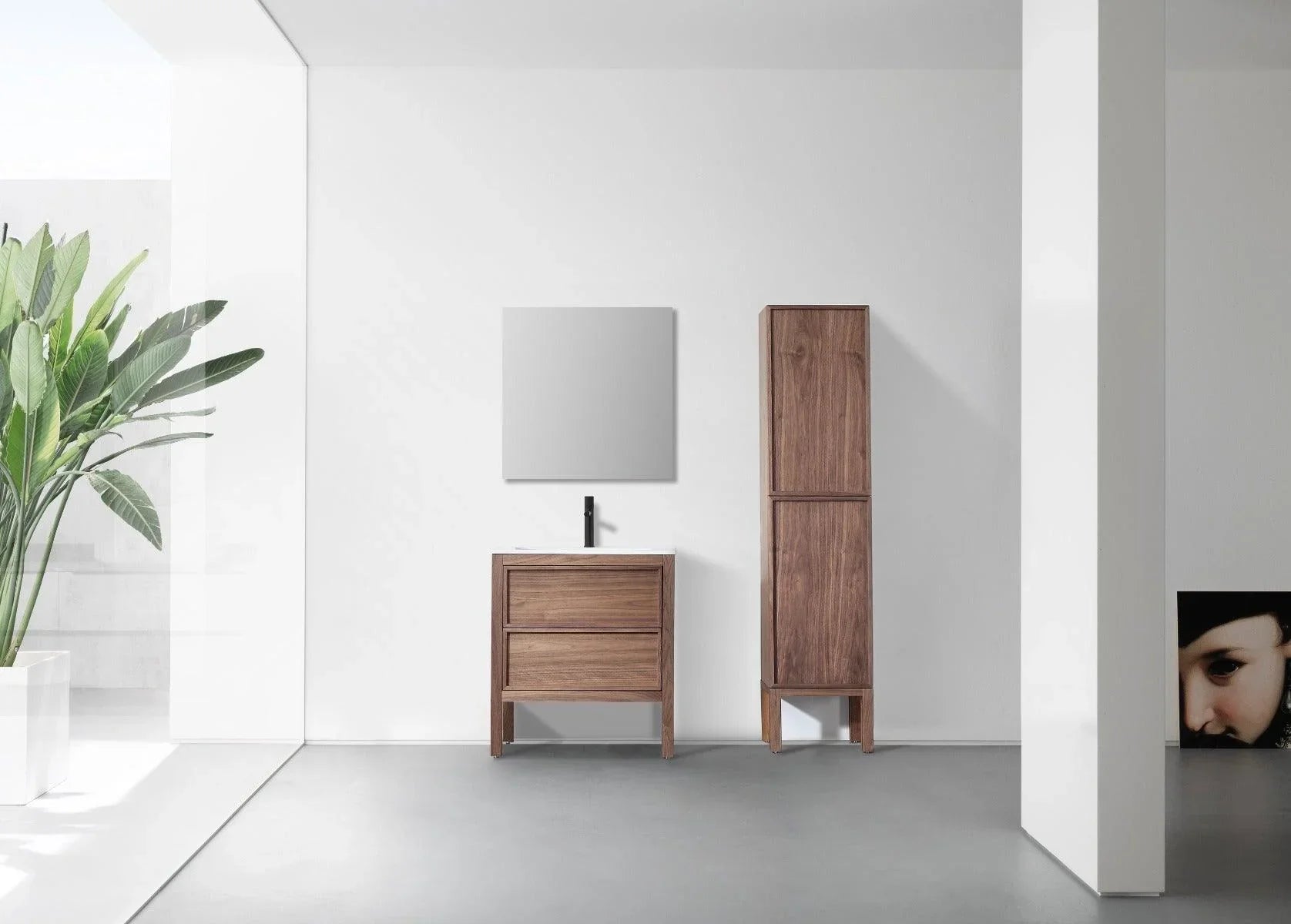 30" Natural Walnut Freestanding Bathroom Vanity with White Solid surface Countertop Vista - Golden Elite Deco