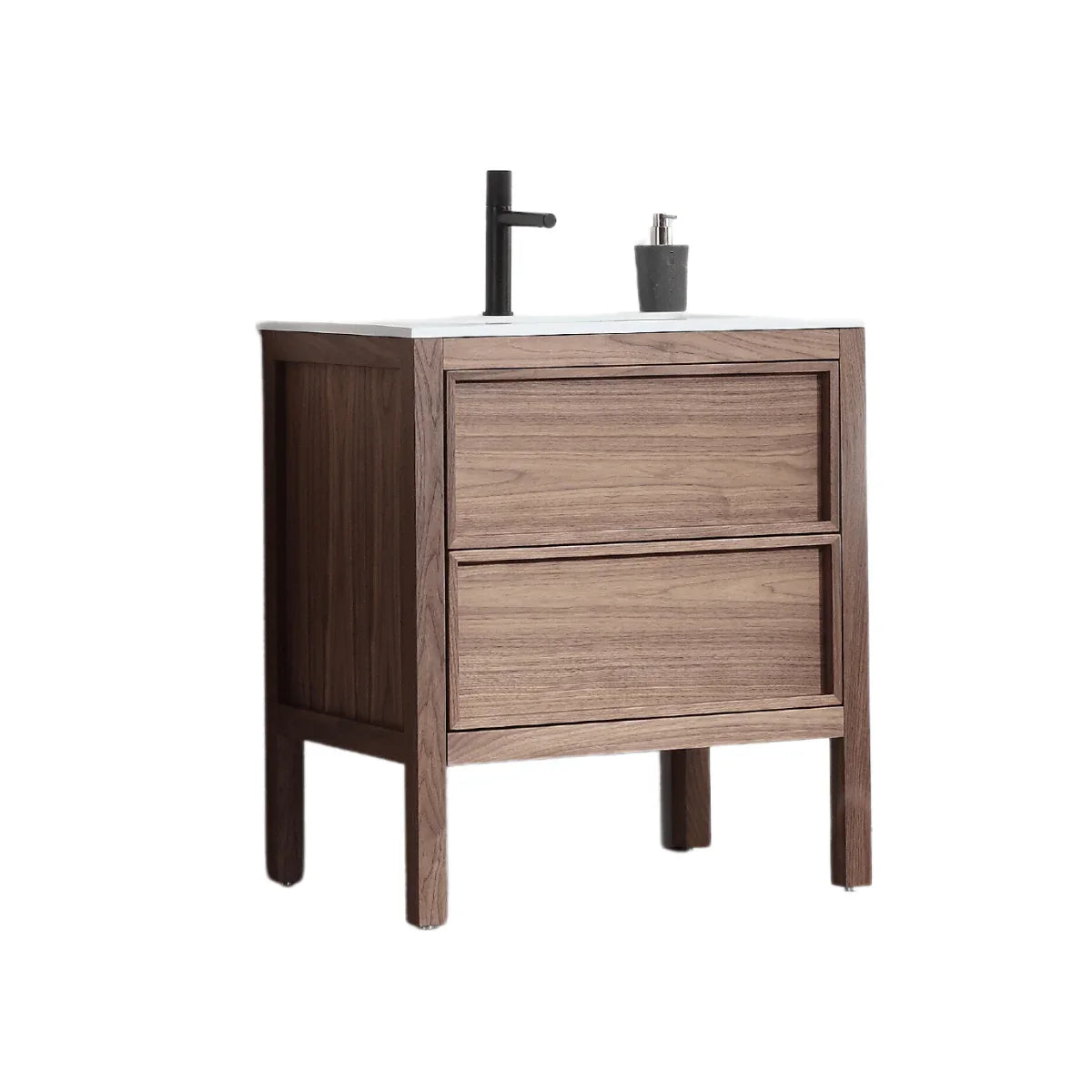 30" Natural Walnut Freestanding Bathroom Vanity with White Solid surface Countertop Vista - Golden Elite Deco
