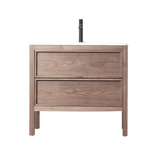 36" Natural Walnut Freestanding Bathroom Vanity with White Solid Surface Countertop Vista - Golden Elite Deco