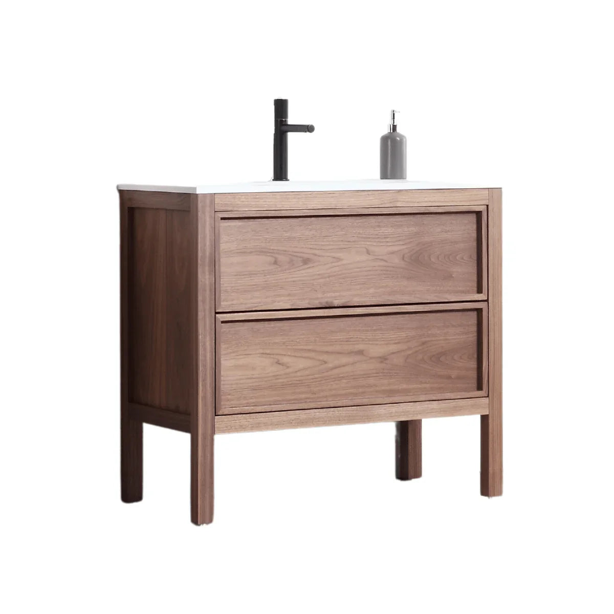 36" Natural Walnut Freestanding Bathroom Vanity with White Solid Surface Countertop Vista - Golden Elite Deco