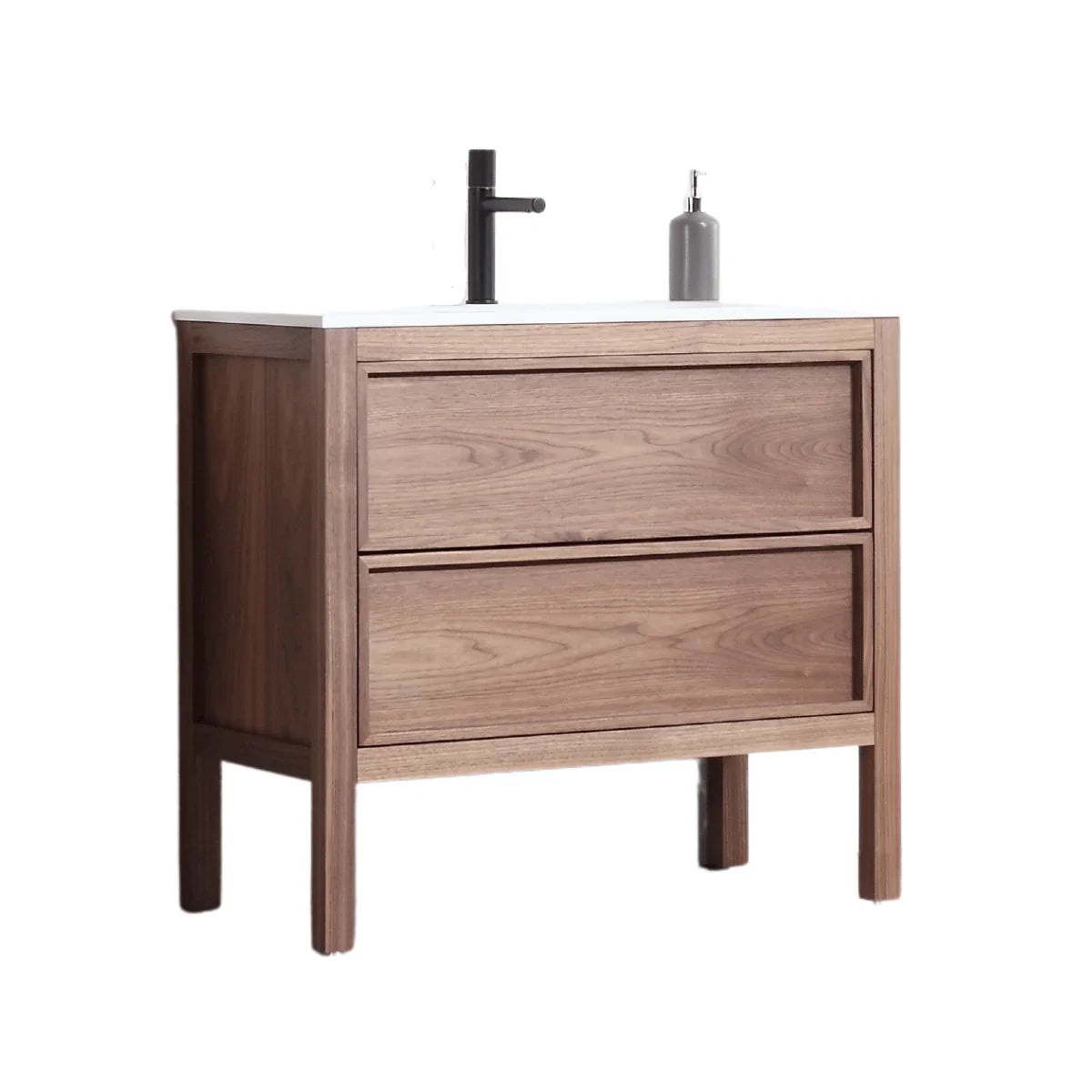 42" Natural Walnut Freestanding Bathroom Vanity with White Solid Surface Countertop Vista - Golden Elite Deco