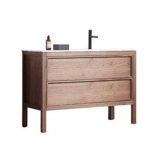 48" Natural Walnut Freestanding Single Sink Bathroom Vanity with White Solid surface Countertop Vista - Golden Elite Deco