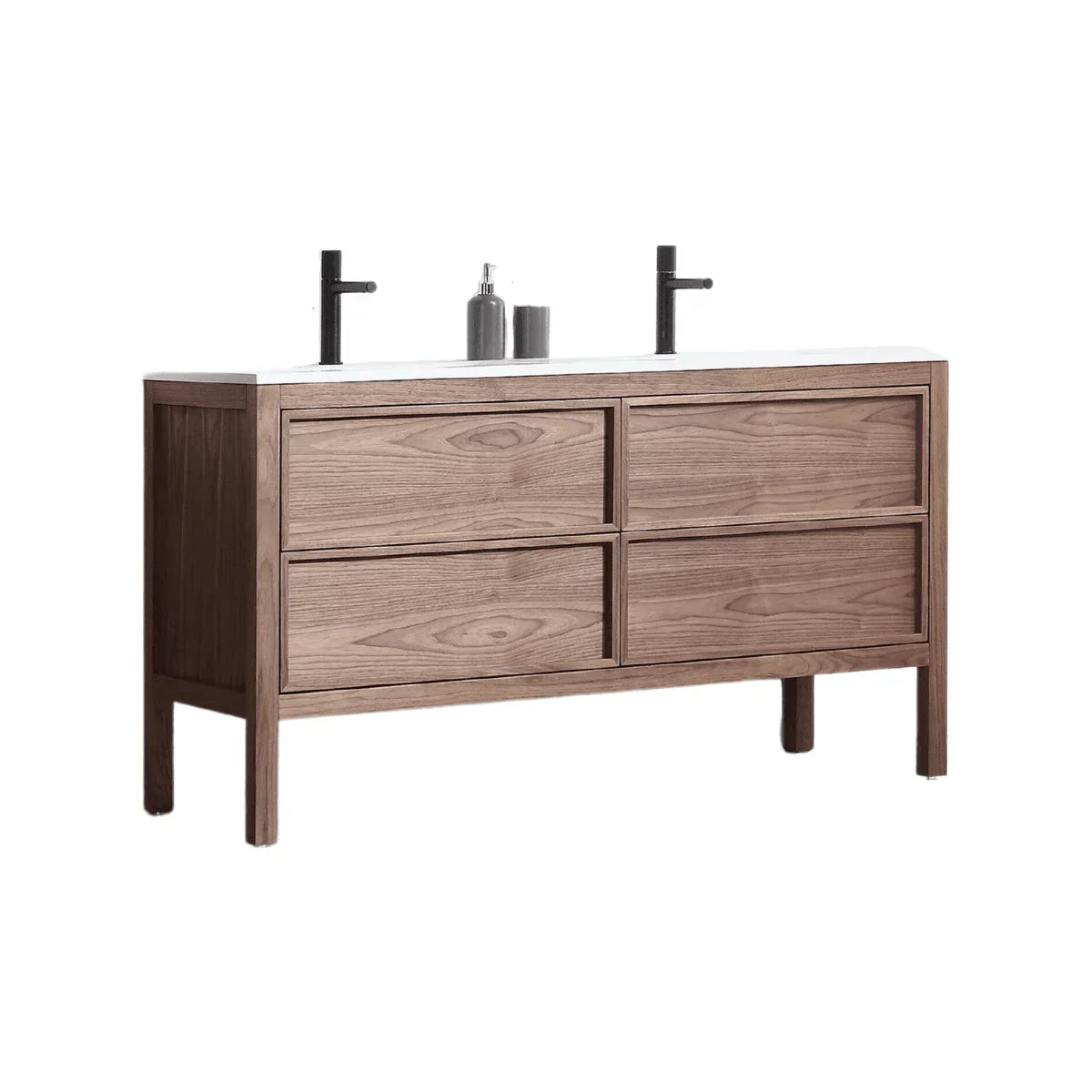 60" Natural Walnut Freestanding Double Sink Bathroom Vanity with White Solid Surface Countertop Vista - Golden Elite Deco