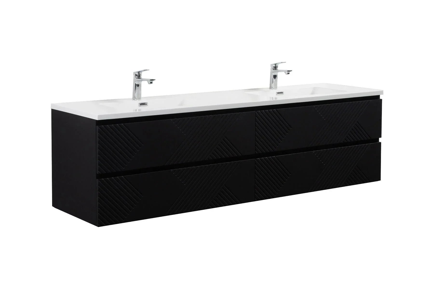72" Black Wall Mount Double Sink Bathroom Vanity with White Polymarble Countertop - Golden Elite Deco