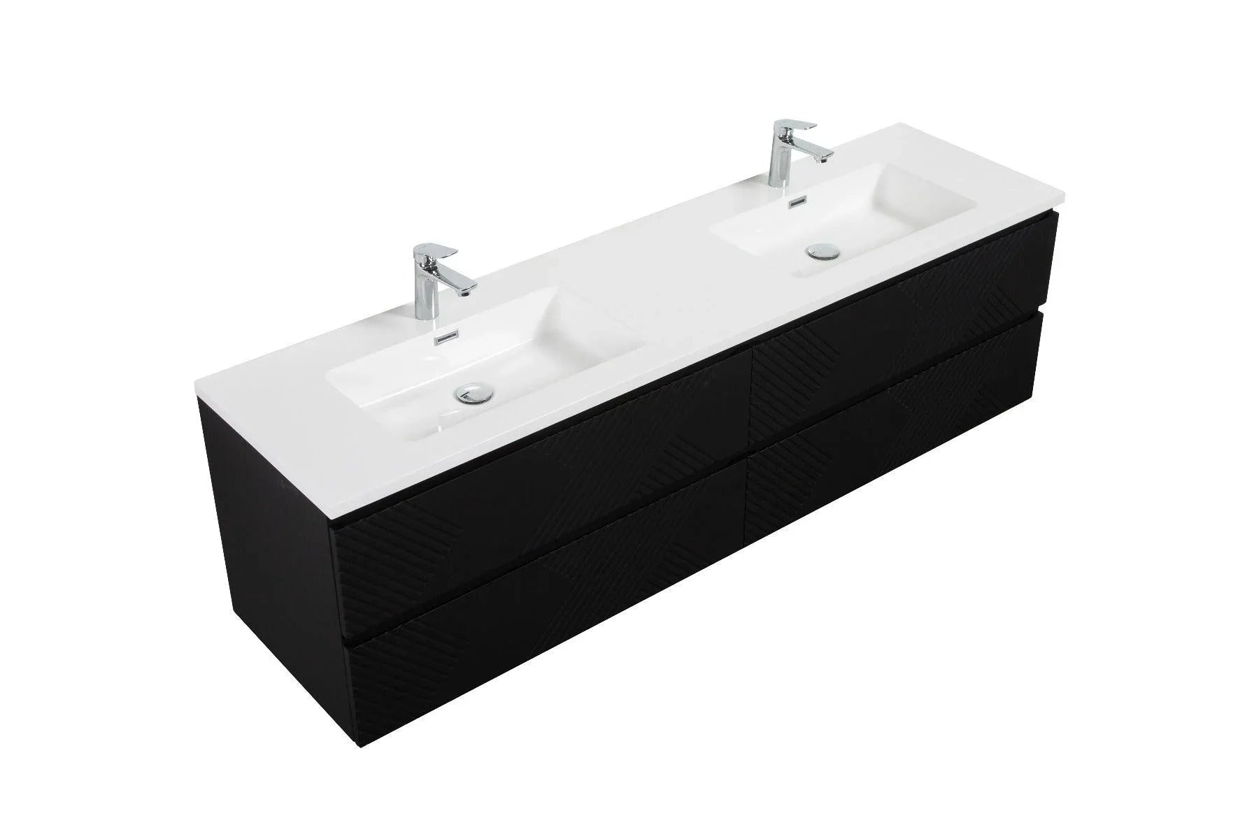 72" Black Wall Mount Double Sink Bathroom Vanity with White Polymarble Countertop - Golden Elite Deco