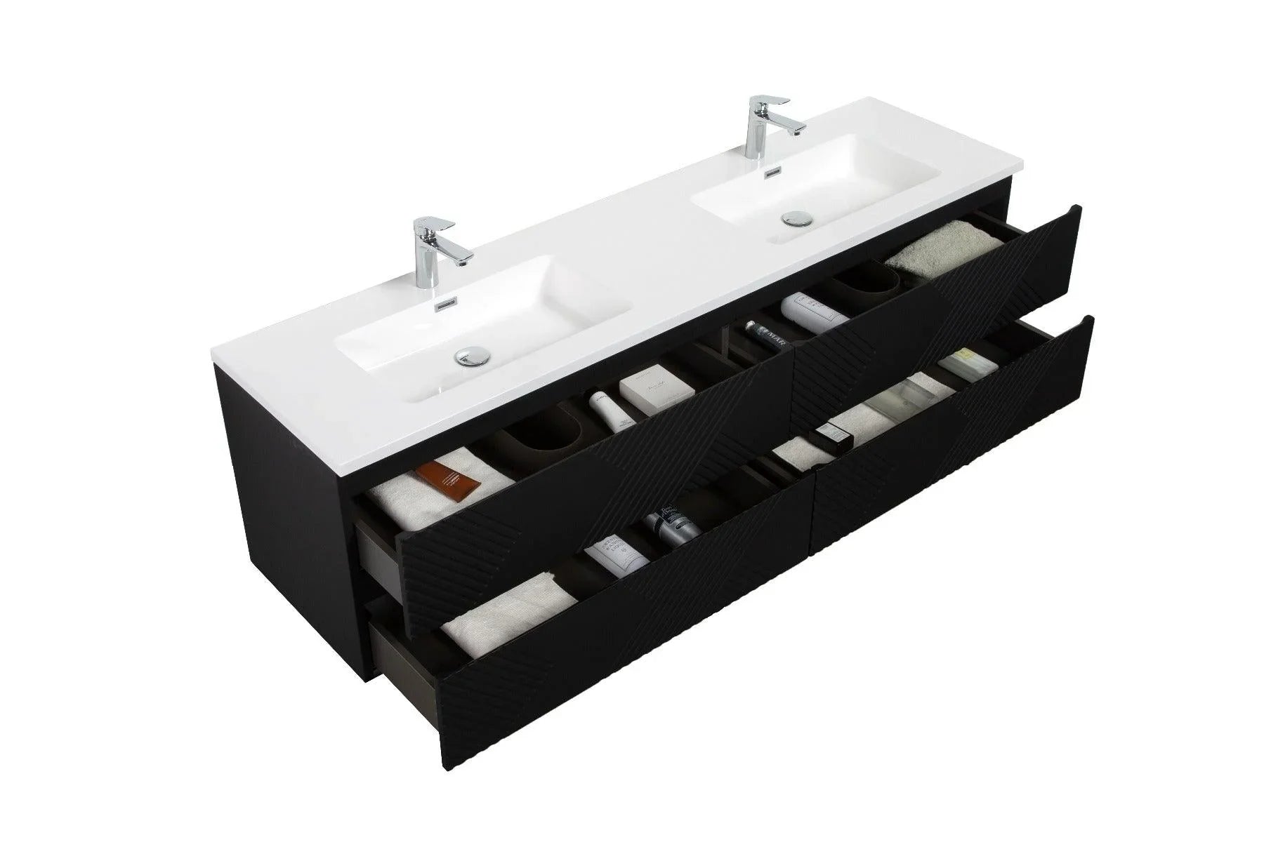 72" Black Wall Mount Double Sink Bathroom Vanity with White Polymarble Countertop - Golden Elite Deco