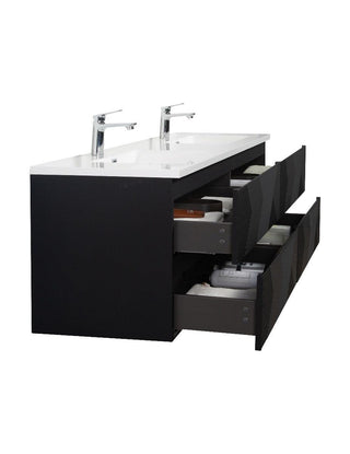 72" Black Wall Mount Double Sink Bathroom Vanity with White Polymarble Countertop - Golden Elite Deco